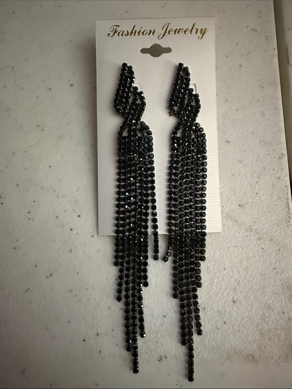 NWT Black Rhinestone Crystal Tassel Statement Earrings